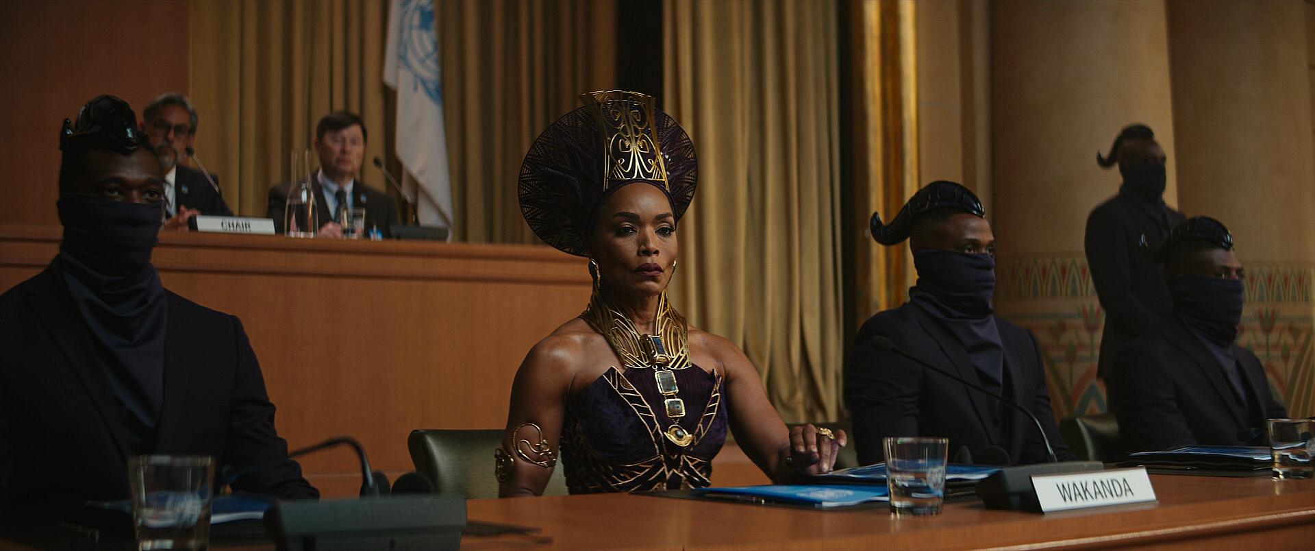 Queen Ramonda before UN panel in Black Panther: Wakanda Forever (2022), Marvel Entertainment