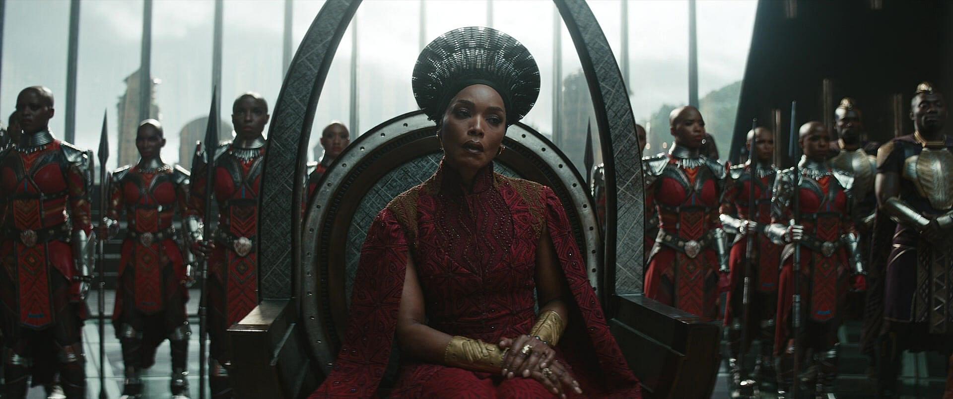 Queen Ramonda (Angela Bassett) passes judgement on the Dora Milaje in Black Panther: Wakanda