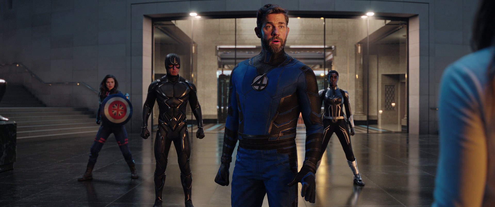 Reed Richards (John Krasinski) leads fellow Illuminati members Black Bolt (Anson Mount), Captain Carter (Hayley Atwell) and Captain Marvel (Lashana Lynch) against the Scarlet Witch (Elizabeth Olsen) in Doctor Strange in the Multiverse of Madness (2022), Marvel Entertainment via Blu-ray