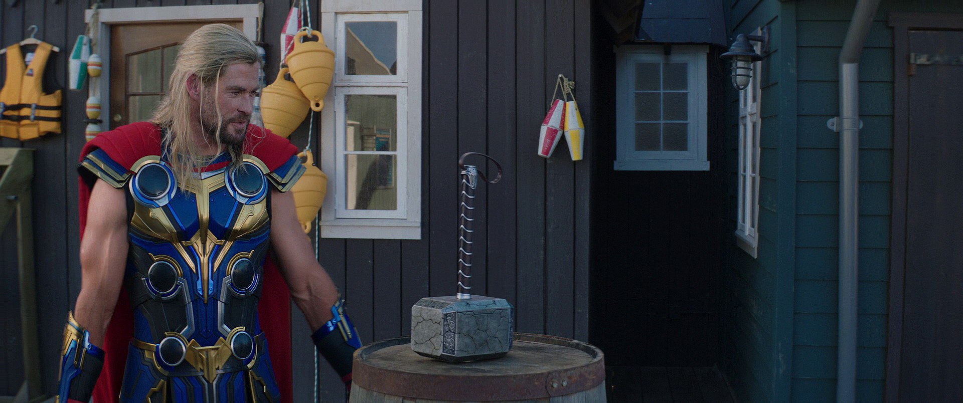 Thor (Chris Hemsworth) has questions for Mjolnir in Thor: Love and Thunder (2022), Marvel Entertainment via Blu-ray