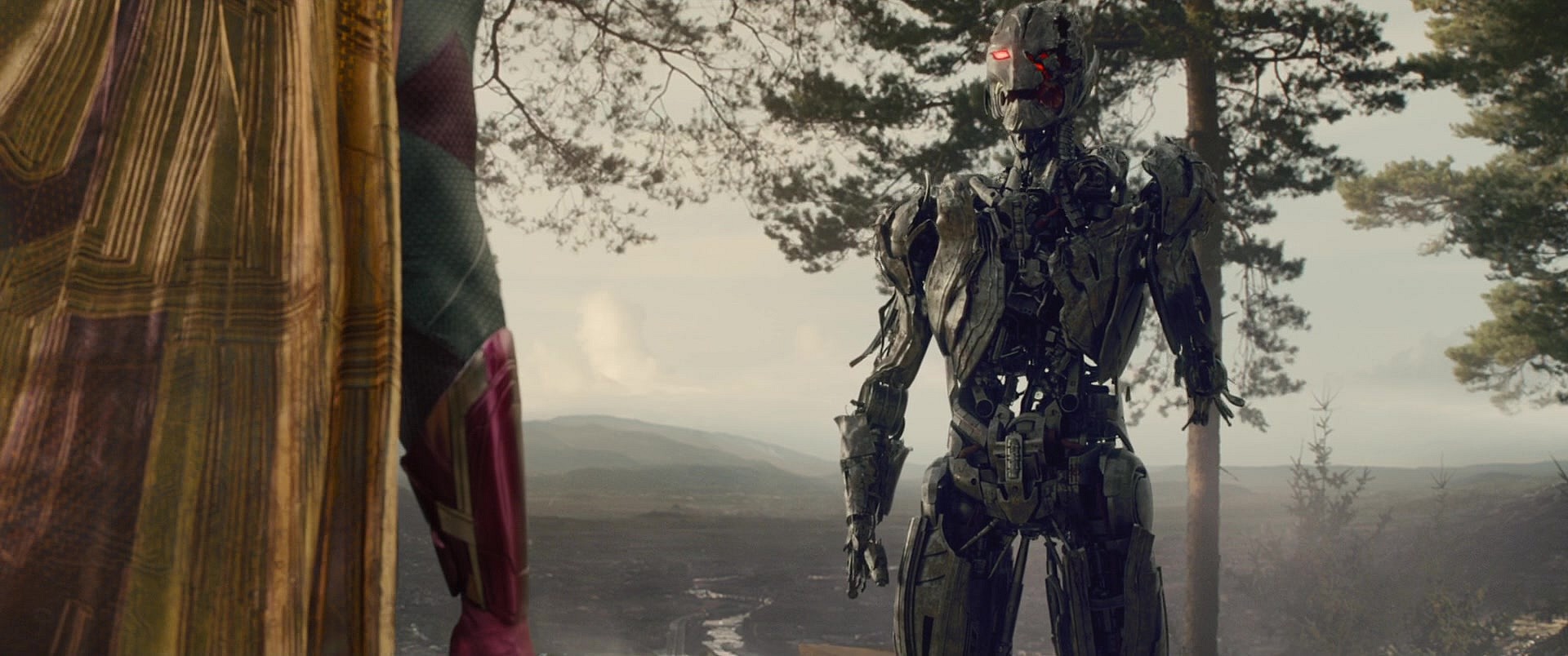 Vision (Paul Bettany) prepares to put an end to the threat of Ultron (James Spader) in A damaged Ultron (James Spader) taunts the Avengers during the Battle of Sokovia in Avengers: Age of Ultron (2015), Marvel Entertainment via Blu-ray