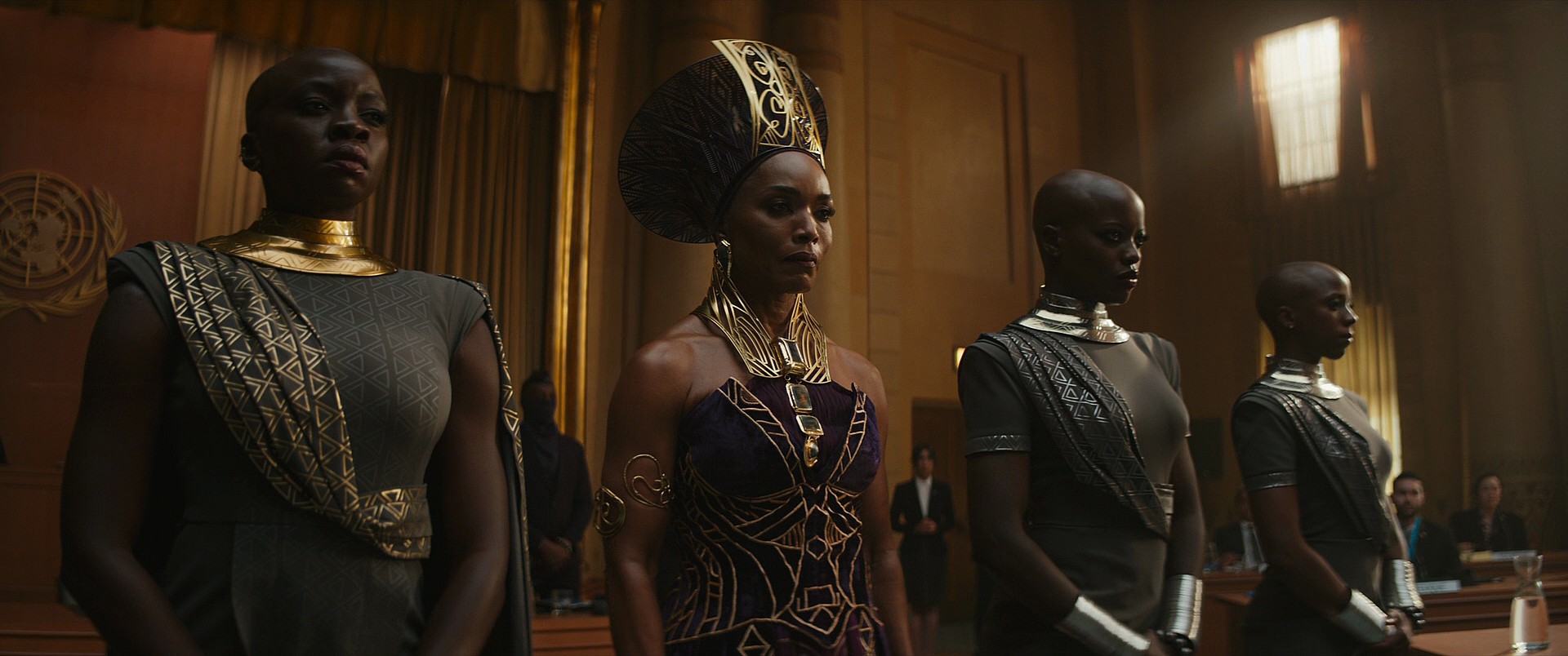 Queen Ramonda (Angela Bassett) tells the United Nations that Wakanda is not to be tested in Black Panther: Wakanda Forever (2022), Marvel Entertainment