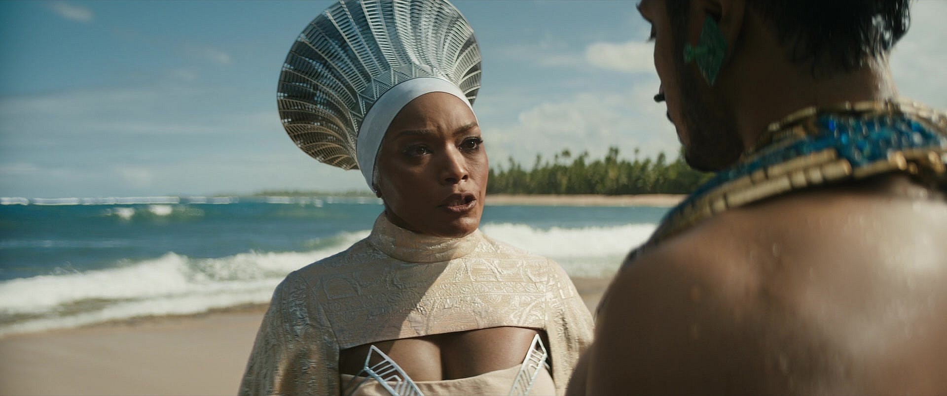 Queen Ramonda (Angela Bassett) defies Namor's (Tenoch Huerta) threats in Black Panther: Wakanda Forever (2022), Marvel Entertainment