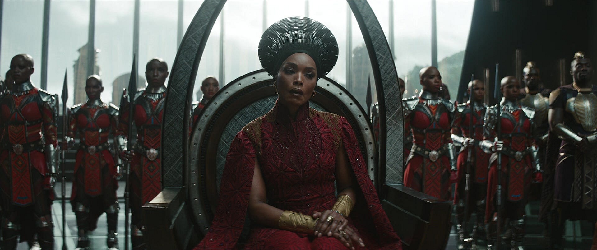 Queen Ramonda (Angela Bassett) passes judgement on the Dora Milaje in Black Panther: Wakanda Forever (2022), Marvel Entertainment