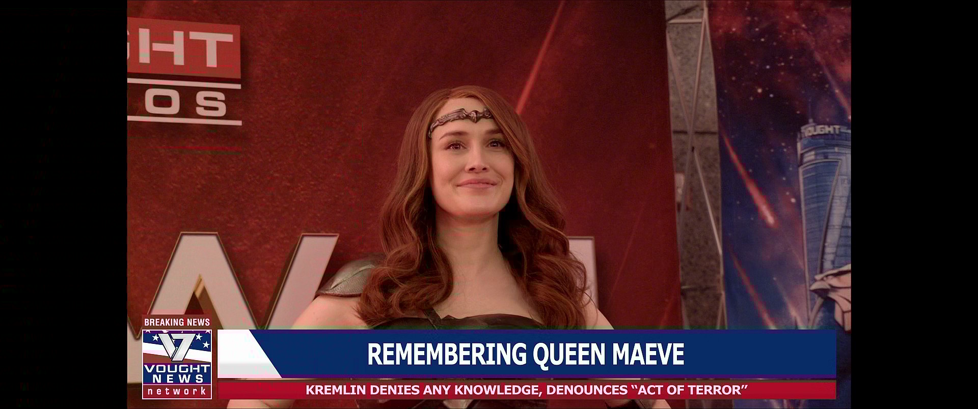 Vought runs a tribute to the 'recently deceased' Queen Maeve (Dominique McElligott) in The Boys Season 3 Episode 8 "The Instant White-Hot Wild" (2022), Amazon Studios