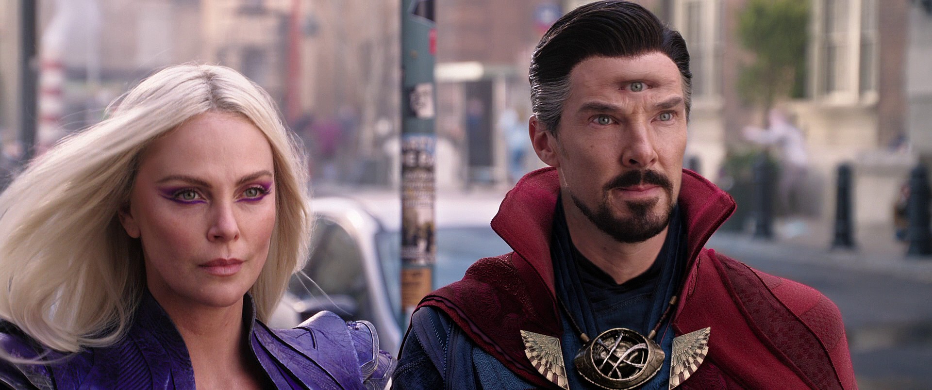 Clea (Charlize Theron) and Doctor Strange (Benedict Cumberbatch) prepare to enter the Dark Dimension in Doctor Strange in the Multiverse of Madness (2022), Marvel Entertainment