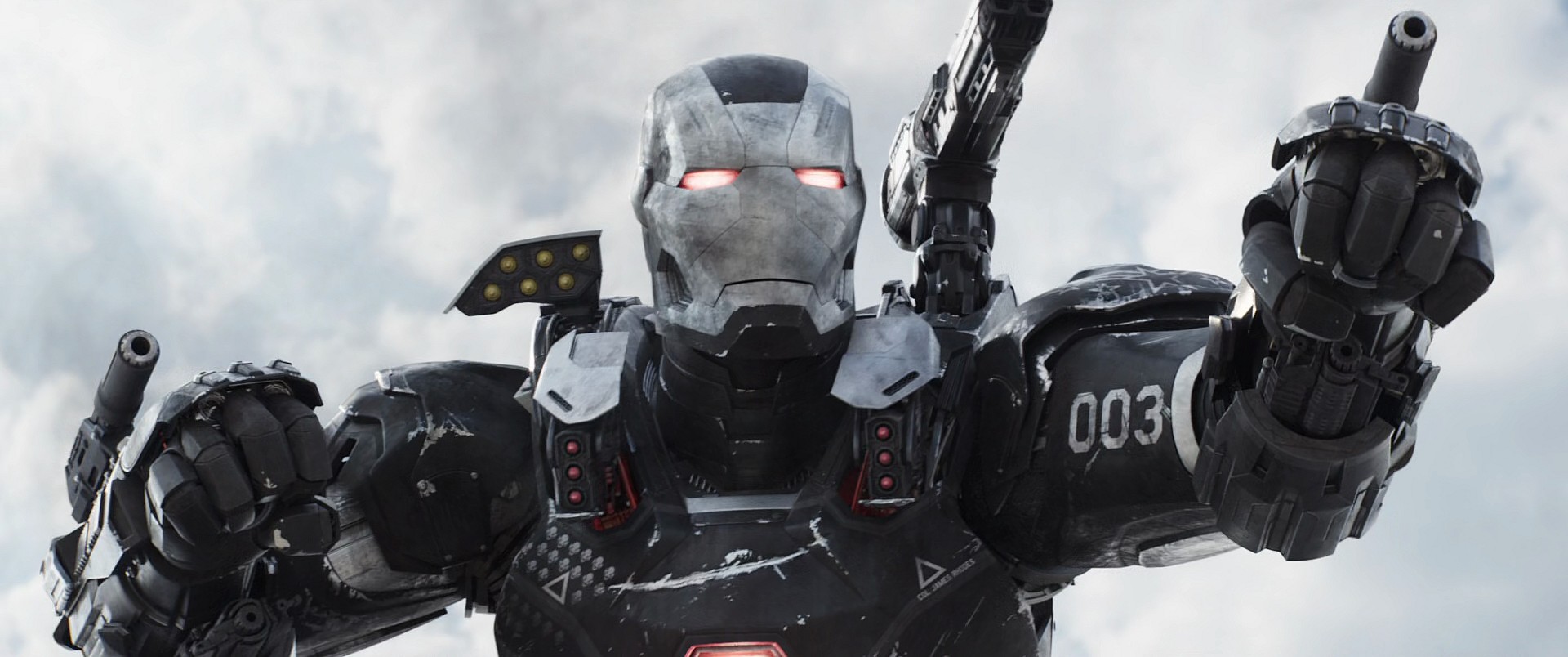 War Machine (Don Cheadle) prepares to unload in Captain America: Civil War (2016), Marvel Entertainment