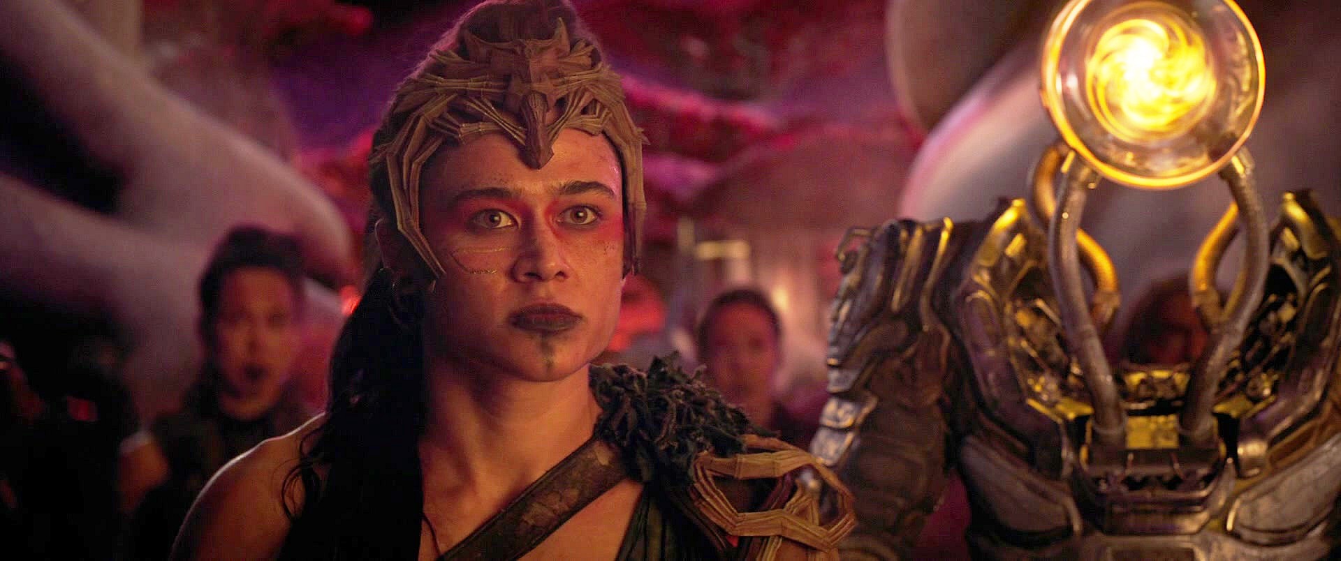 Jentorra (Katy O'Brian) explains the circumstances of her people's rebellion to Scott Lang (Paul Rudd) in Ant-Man and the Wasp: Quantumania (2023), Marvel Entertainment