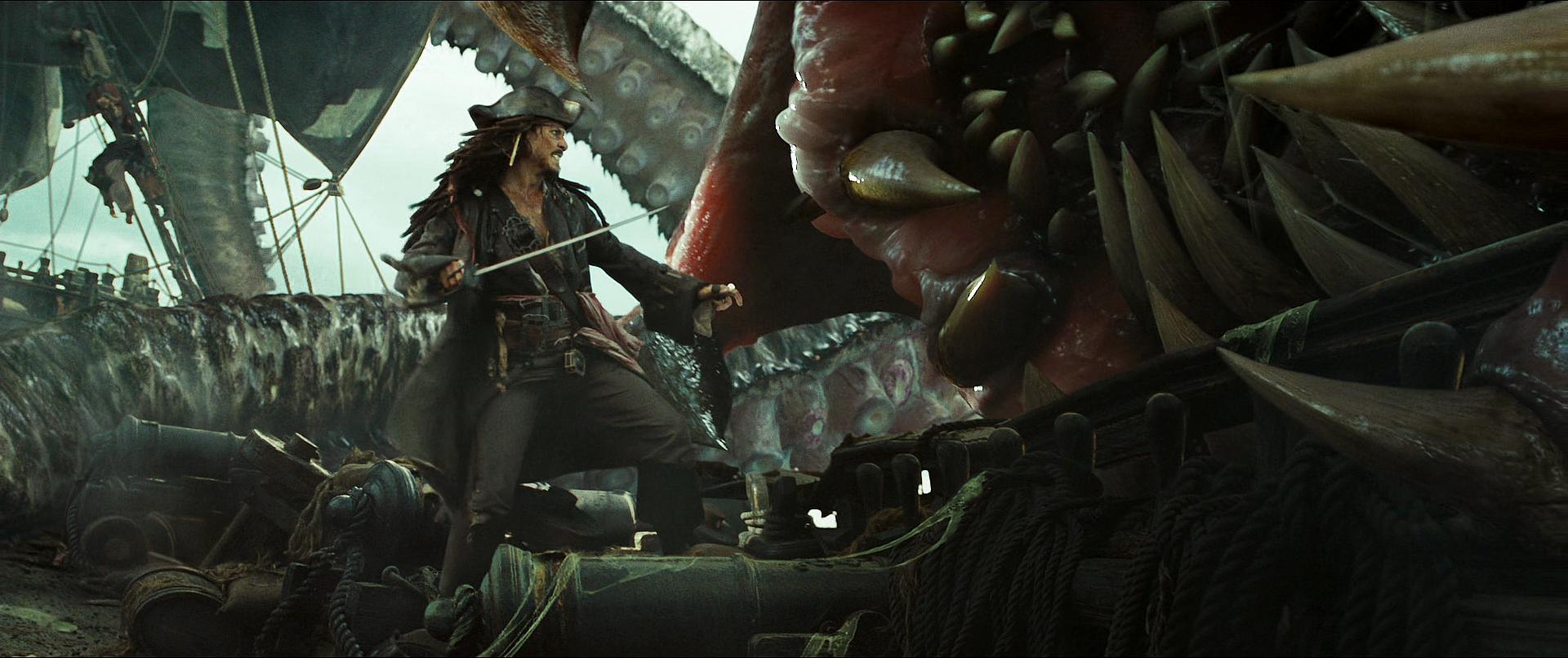Captain Jack Sparrow (Johnny Depp) takes on Kraken in Pirates of the Caribbean: Dead Man's Chest