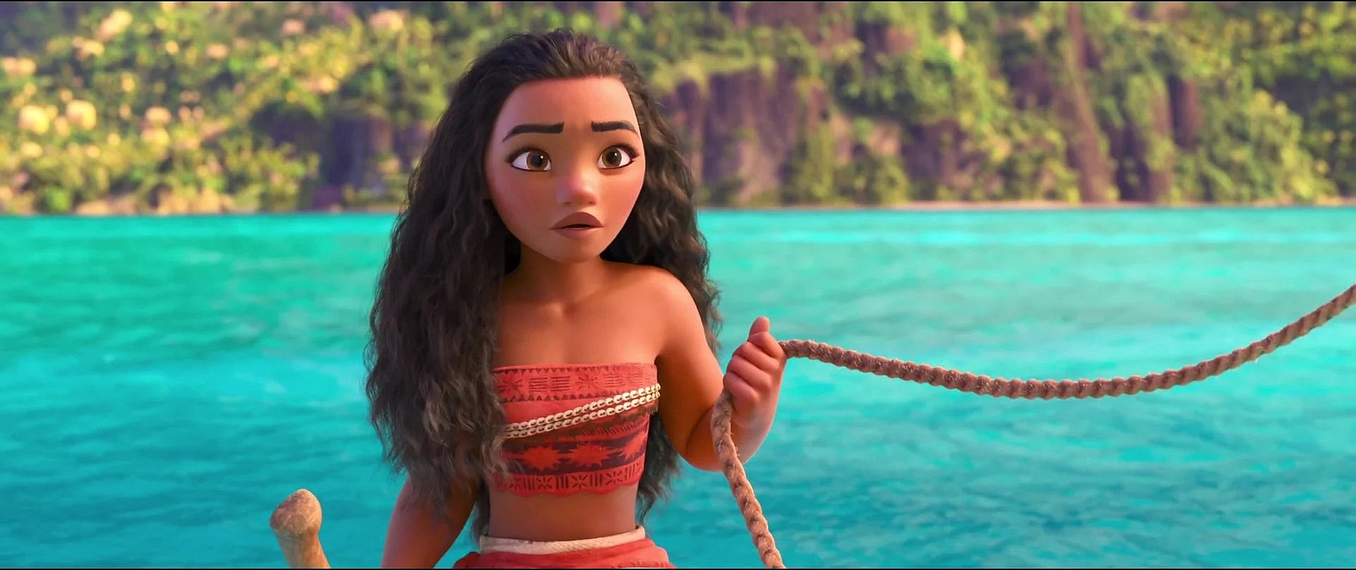 Moana (Auli'i Cravalho) strikes out across the ocean in Moana (2016), Disney