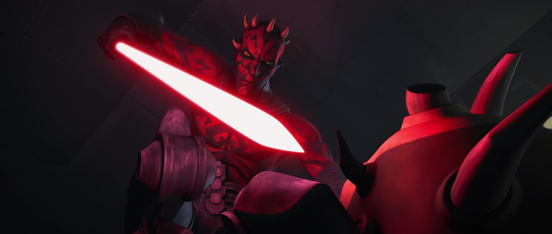 Darth Maul (Sam Witwer) refuses to share his seat of power in Star Wars: The Clone Wars Season 5 Episode 1 "Revival" (2012), Lucasfilm Animation 