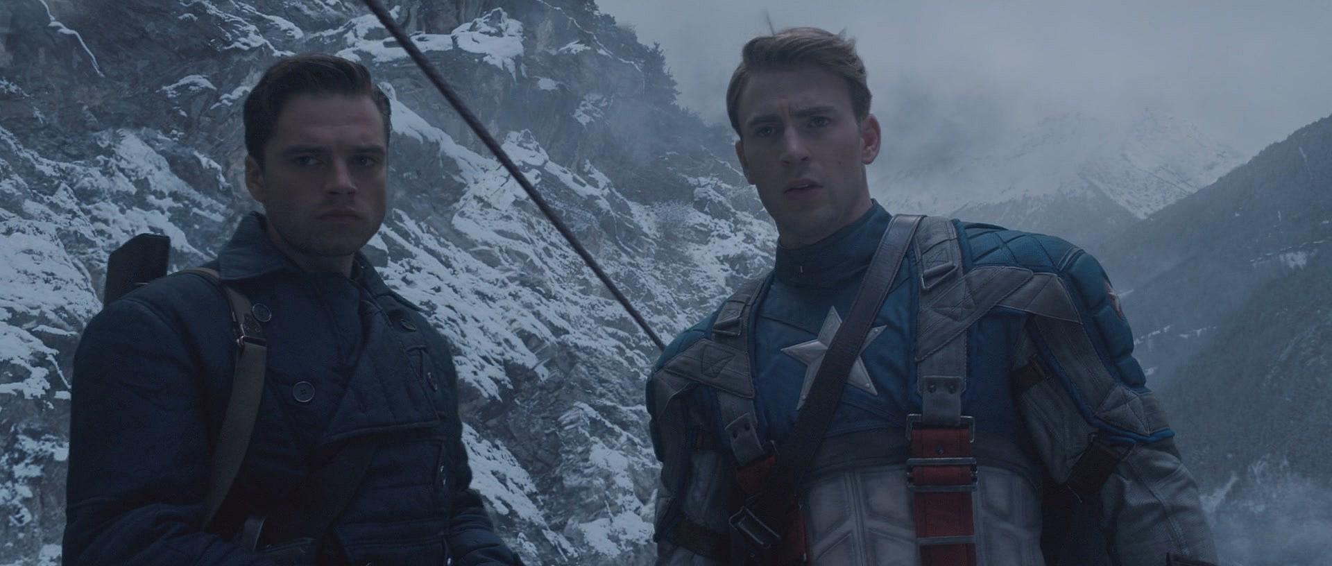 Captain America and Bucky stand atop a HYDRA train in Captain America: The First Avengers (2011)