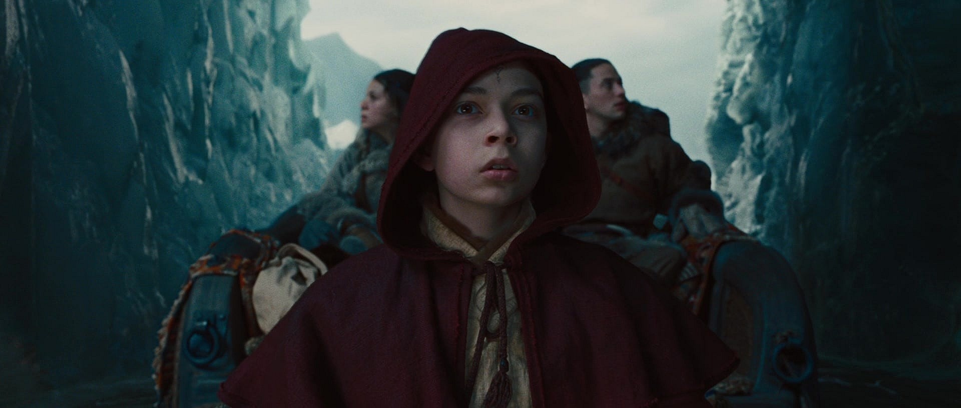 Aang (Noah Ringer), Katara (Nicola Peltz), and Sokka (Jackson Rathbone) arrive at the Northern Water Tribe in The Last Airbender (2010), Paramount Pictures