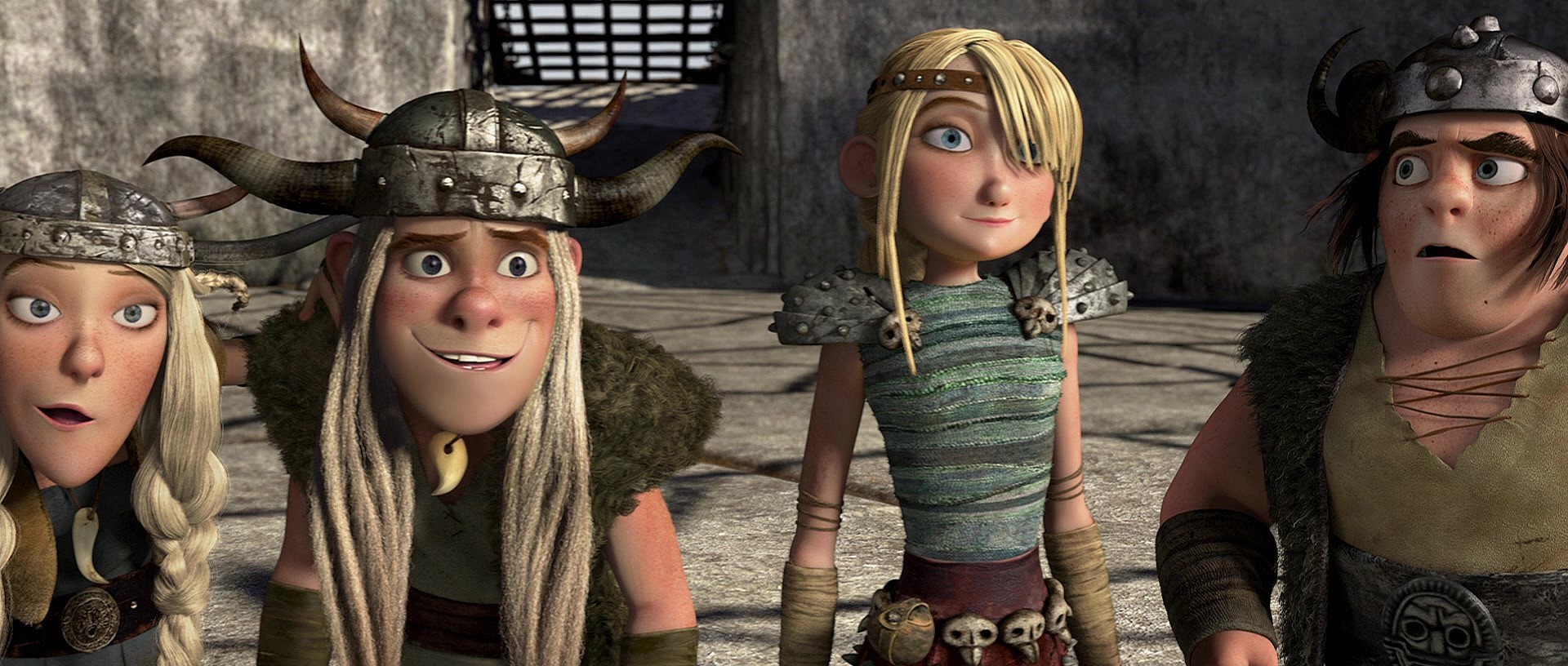 Ruffnut (Kristen Wiig), Tuffnut (T.J. Miller), Astrid (America Ferrera), and Snotlout (Jonah Hill) stand at the ready to help Hiccup (Jay Baruchel) in How to Train Your Dragon (2010), Dreamworks