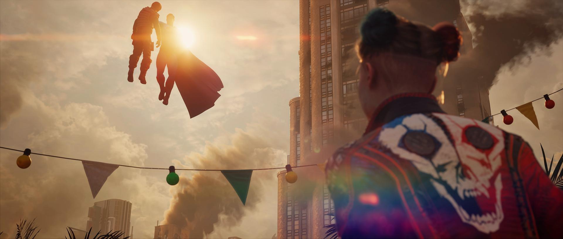 Harley Quinn talks on her earpiece as a Harley Quinn looks on as Superman holds up a soldier via Suicide Squad: Kill the Justice League (2023), Rocksteady Games