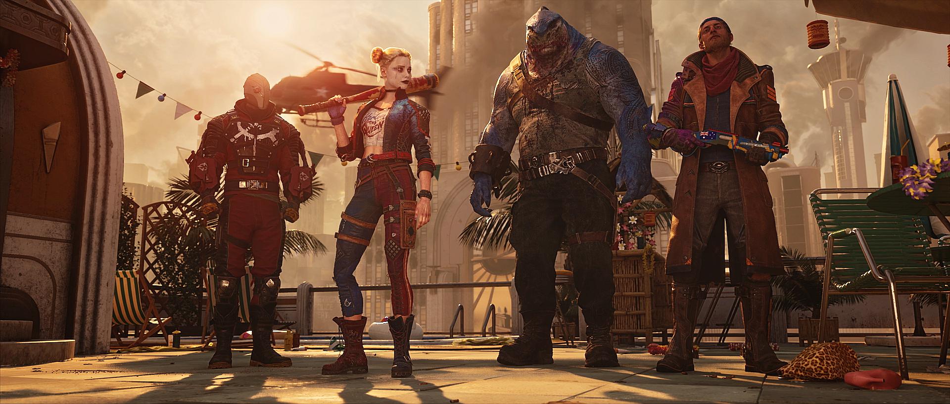Deadshot, Harley Quinn, King Shark, and Captain Boomerang in Suicide Squad: Kill the Justice League