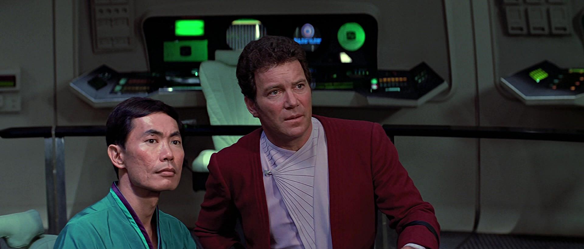 Kirk and Sulu in standoff with Klingon commander Kruge in Star Trek III: The Search for Spock