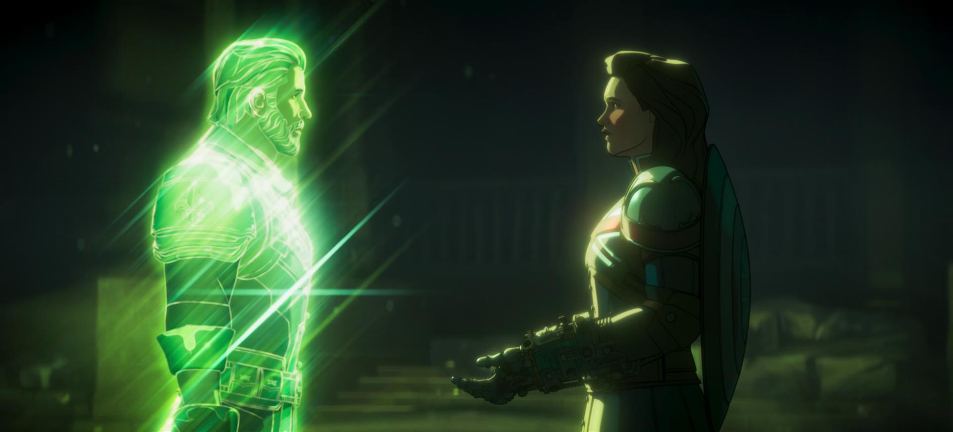 Captain Carter (Hayley Atwell) discovers Steve Rogers (Josh Keaton) is the reason for Earth-1602's incursion threat in What If...? Season 2 Episode 8 "What If... the Avengers Assembled in 1602?" (2023), Marvel Entertainment