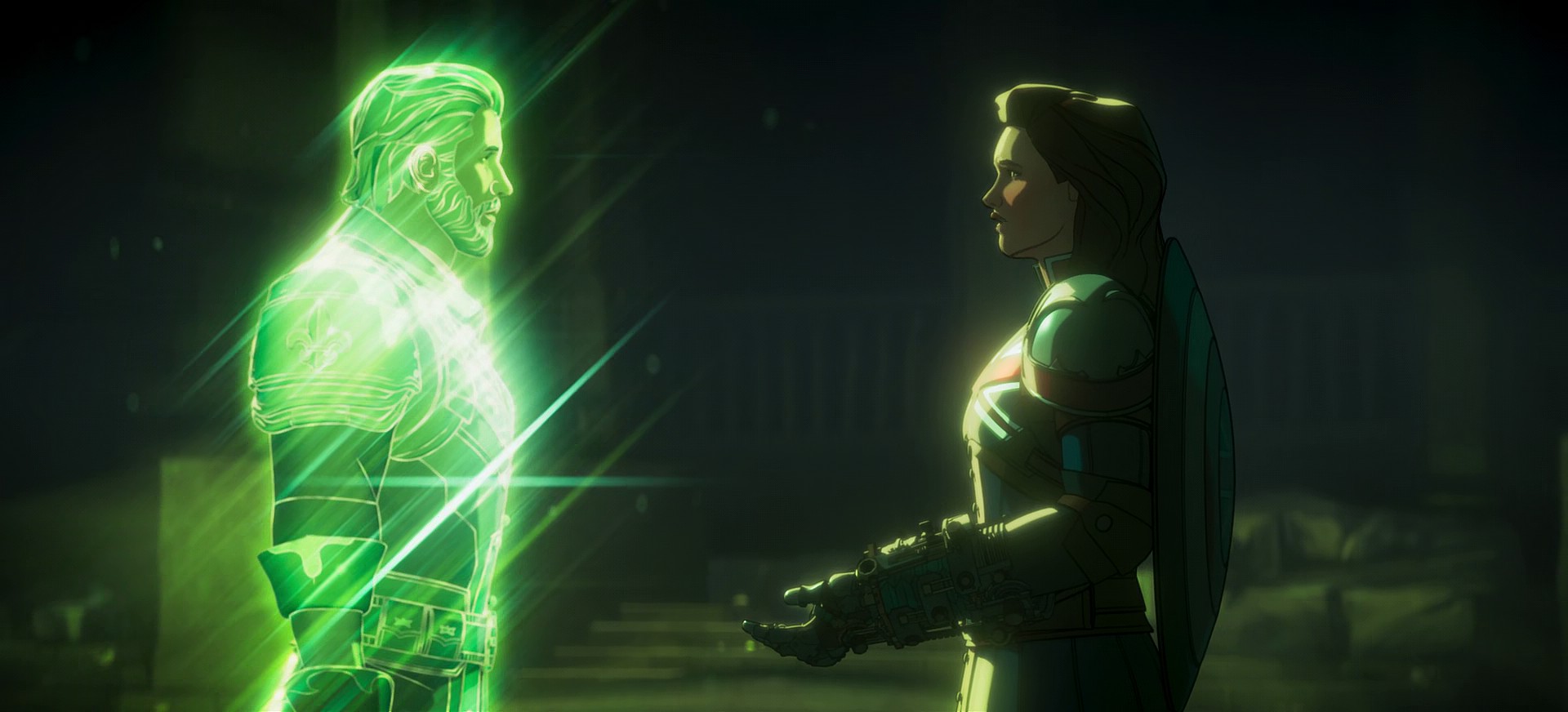 Captain Carter (Hayley Atwell) discovers Steve Rogers (Josh Keaton) is the reason for Earth-1602's incursion threat in What If...? Season 2 Episode 8 "What If... the Avengers Assembled in 1602?" (2023), Marvel Entertainment