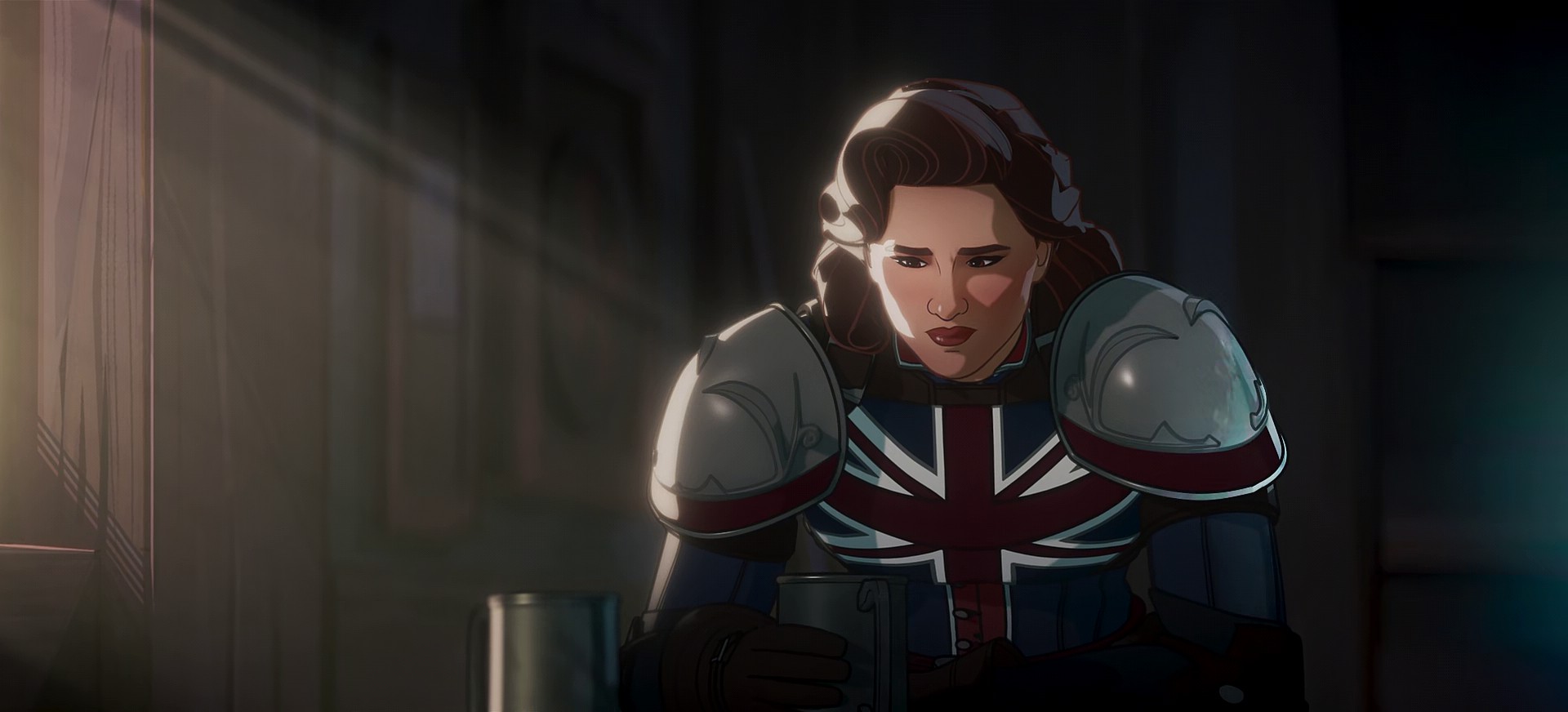 Captain Carter (Hayley Atwell) attempts to drown her sorrows in What If...? Season 2 Episode 8 "What If... the Avengers Assembled in 1602?" (2023), Marvel Entertainment
