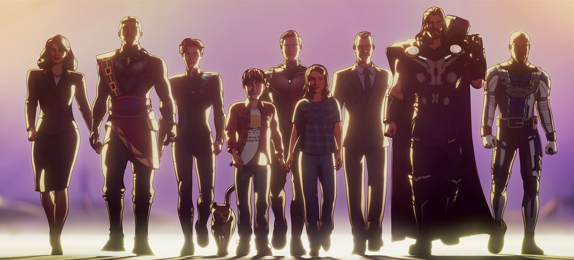 Peggy Carter (Hayley Atwell), King T'Chaka (Atandwa Kani), Mar-Vell (Keri Tombazian), Goose, Peter Quill (Mace Montogmery Miskel), Hank Pym (Michael Douglas), Hope Pym (Madeliene McGraw), Howard Stark (John Slattery), Thor (Chris Hemsworth), and Goliath (Laurence Fishburne) assembles as the Avengers of 1988 in What If...? Season 2 Episode 2 "What If... Peter Quill Attacked Earth's Mightiest Heroes?" (2023), Marvel Entertainment