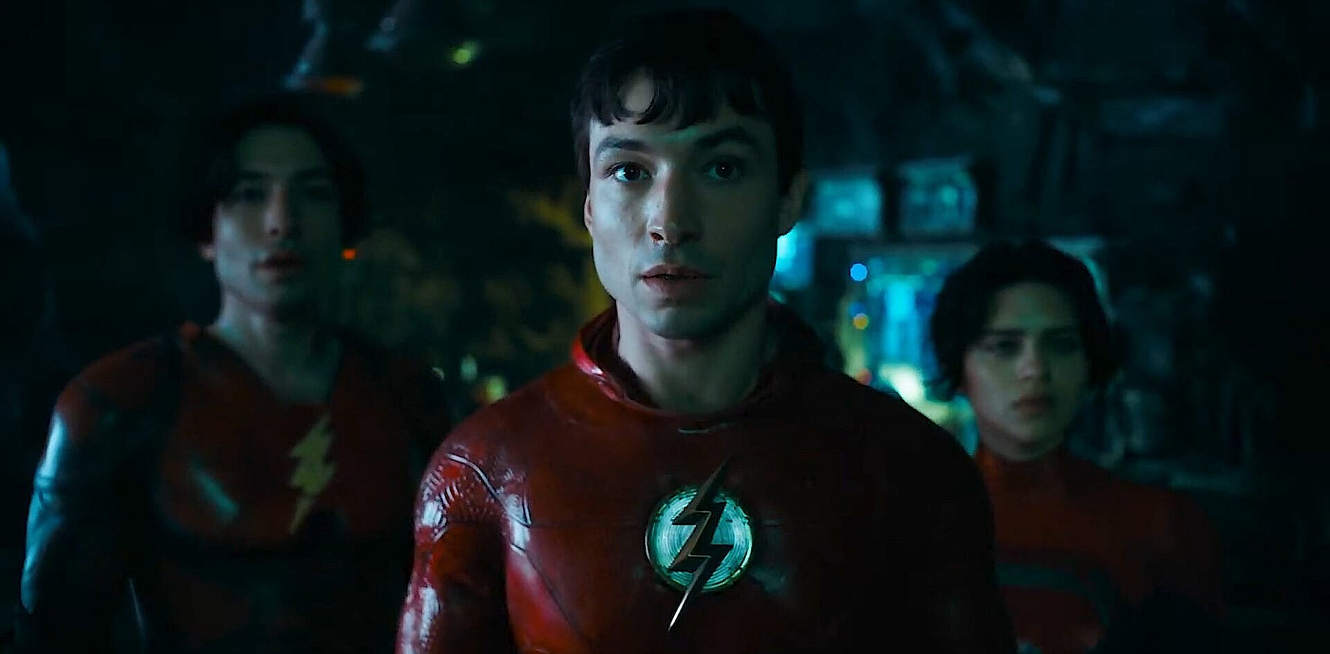 The Flash (Ezra Miller), another Flash (Ezra Miller), and Supergirl (Sasha Calle) in The Flash (2023), Warner Bros. Pictures