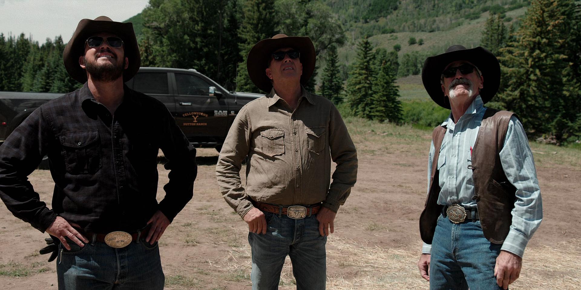 John Dutton, Rip Wheeler, and Llyod check construction on the Dutton Ranch in Yellowstone Season 3