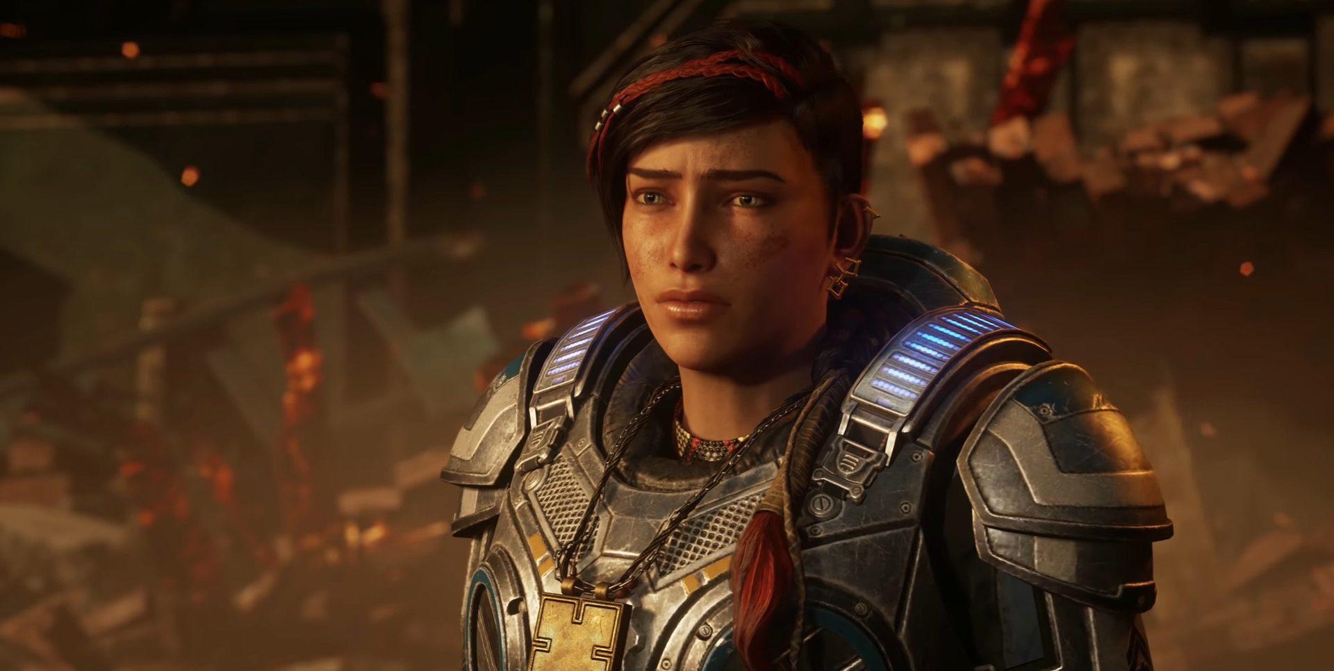 Kait (Laura Bailey) looks out on the aftermath of the Locusts' latest attack in Gears 5 (2019), Microsoft