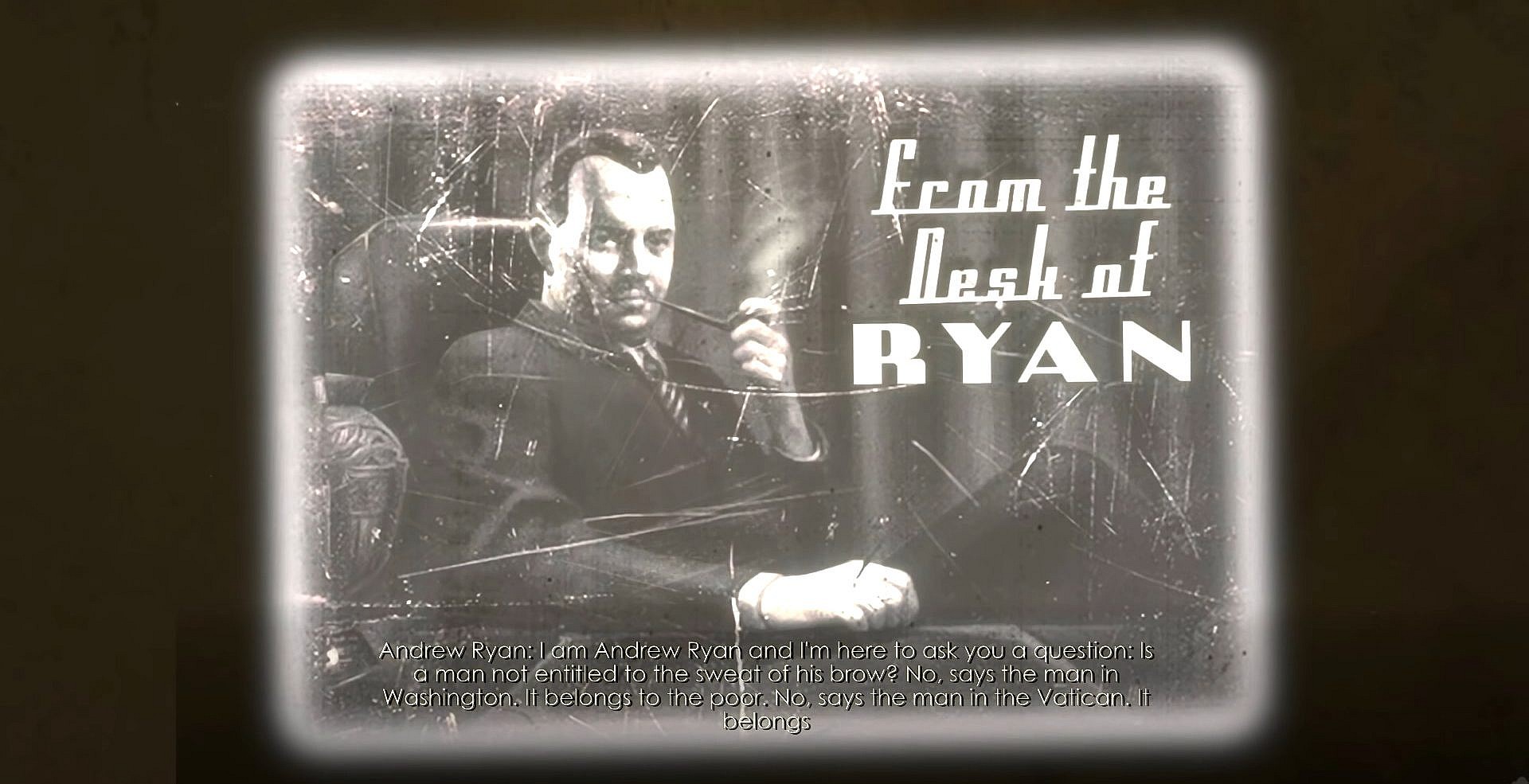 Andrew Ryan (Armin Shimerman) attempts to sell Americans on Rapture in BioShock (2007), 2K Games