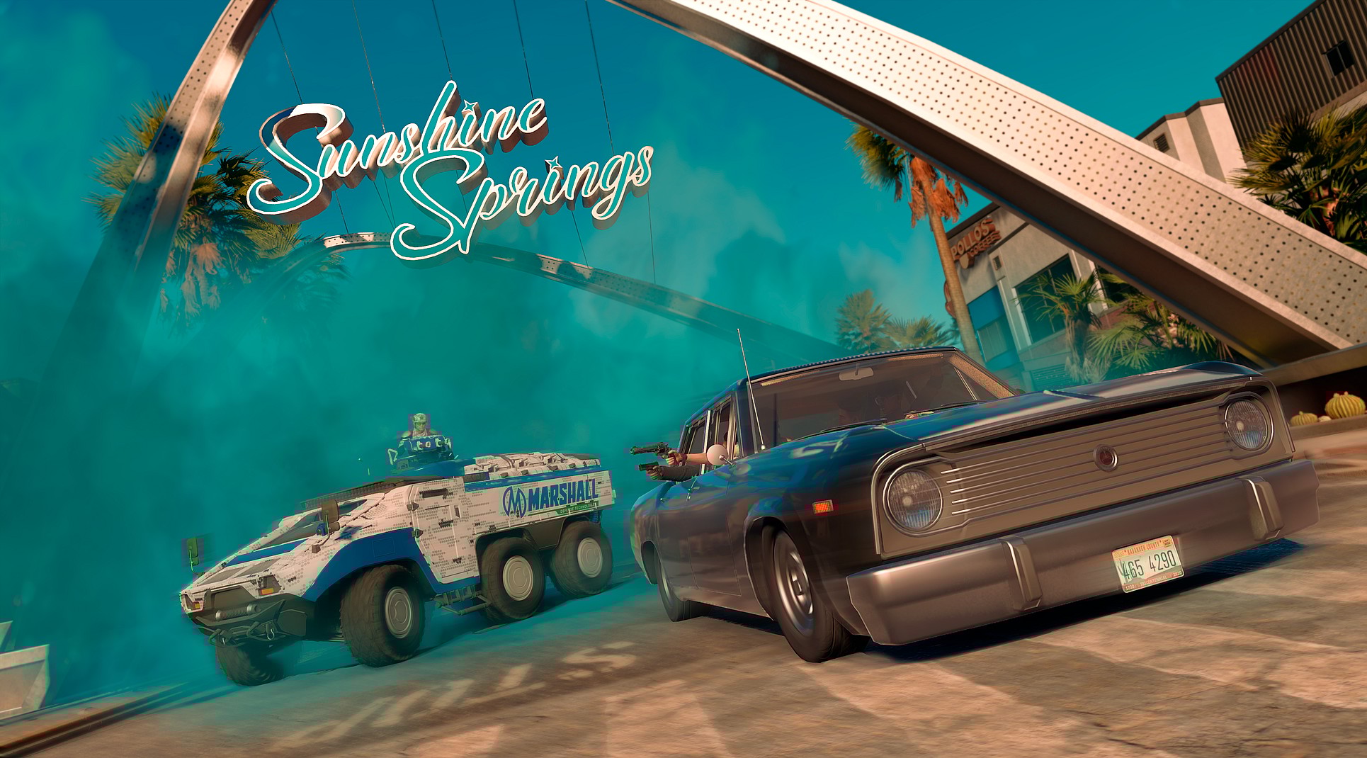 The Saints speed away with guns drawn, pursued by Marshall forces in an APC and blue smoke via Saint Row (2022), Deep Silver