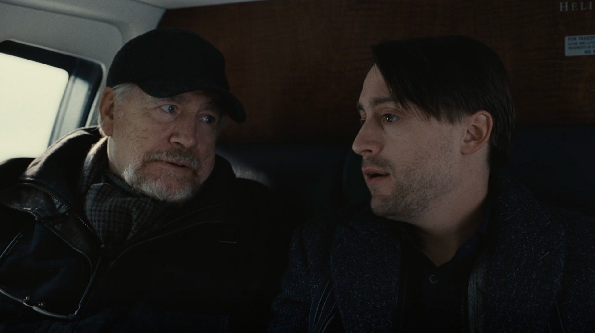 Brian Cox as Logan Roy and Kieran Culkin as Roman Roy in Succession Season 1 Episode 1 "Celebration" (2018), HBO