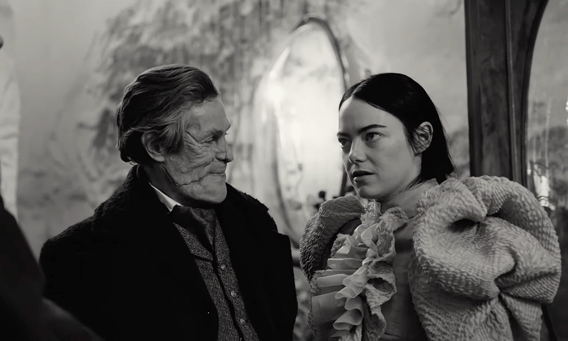 Willem Dafoe as Dr. William Baxter and Emma Stone as Bella Baxter in Poor Things (2023), Searchlight Pictures