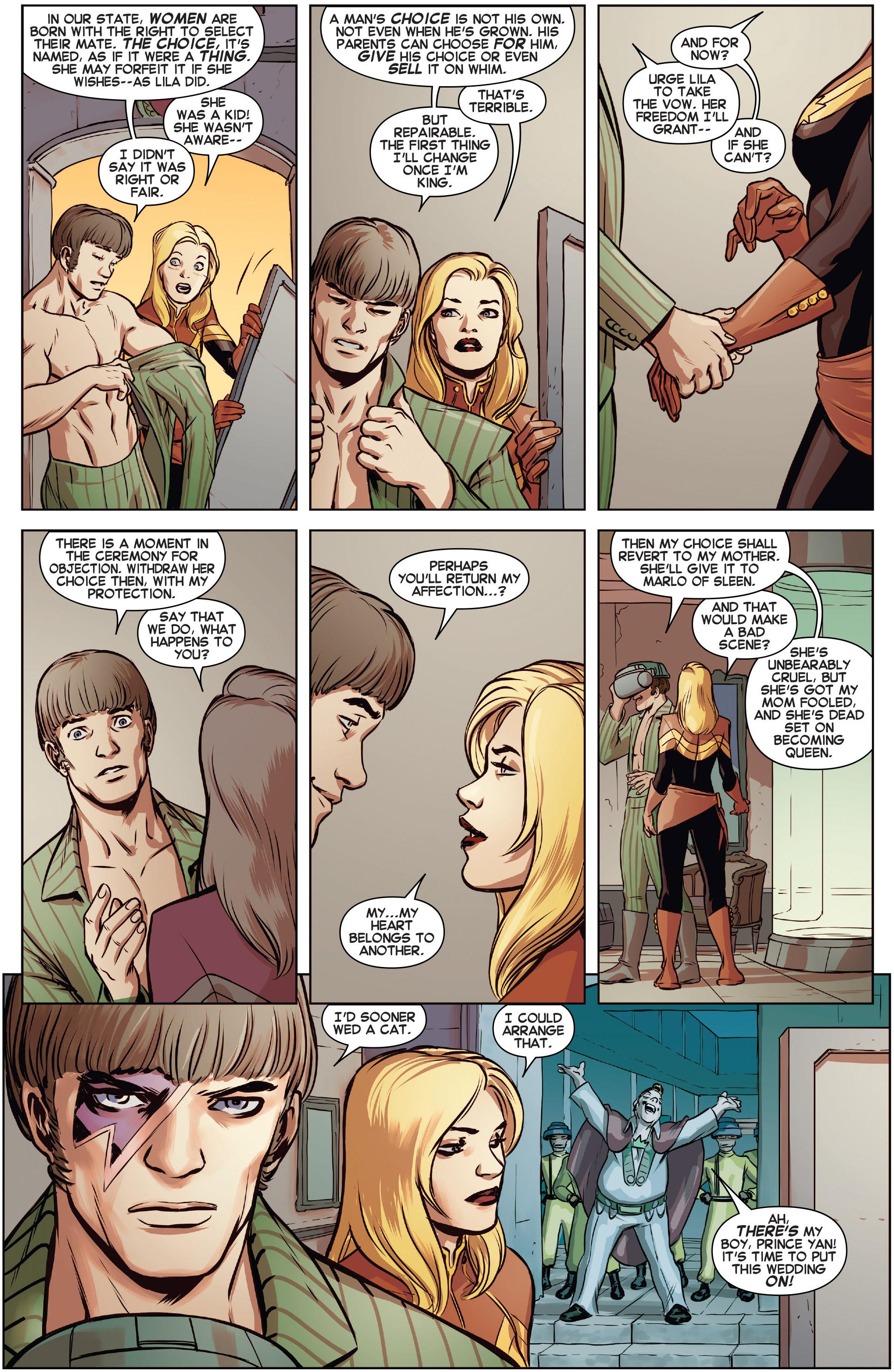 Carol Danvers has a talk with Prince Yan Carol Danvers sets her female gaze on a shirtless Prince Yan in Captain Marvel Vol. 8 #9 "Lila Cheney's Fantabulous Technicolor Rock Opera" (2014), Marvel Comics. Words by Kelly Sue DeConnick, art by David López, Lee Loughridge, and Joe Caramagna via digital issue