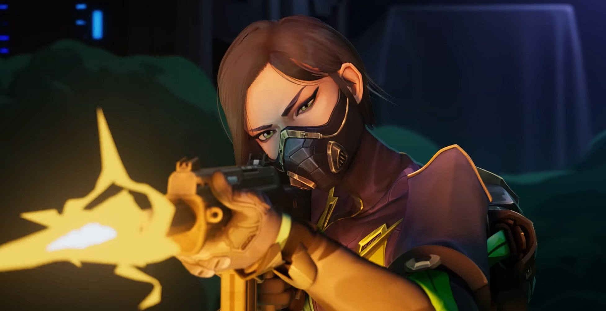 Viper (Ashly Burch) lays down suppressing fire in Valorant (2020), Riot Games