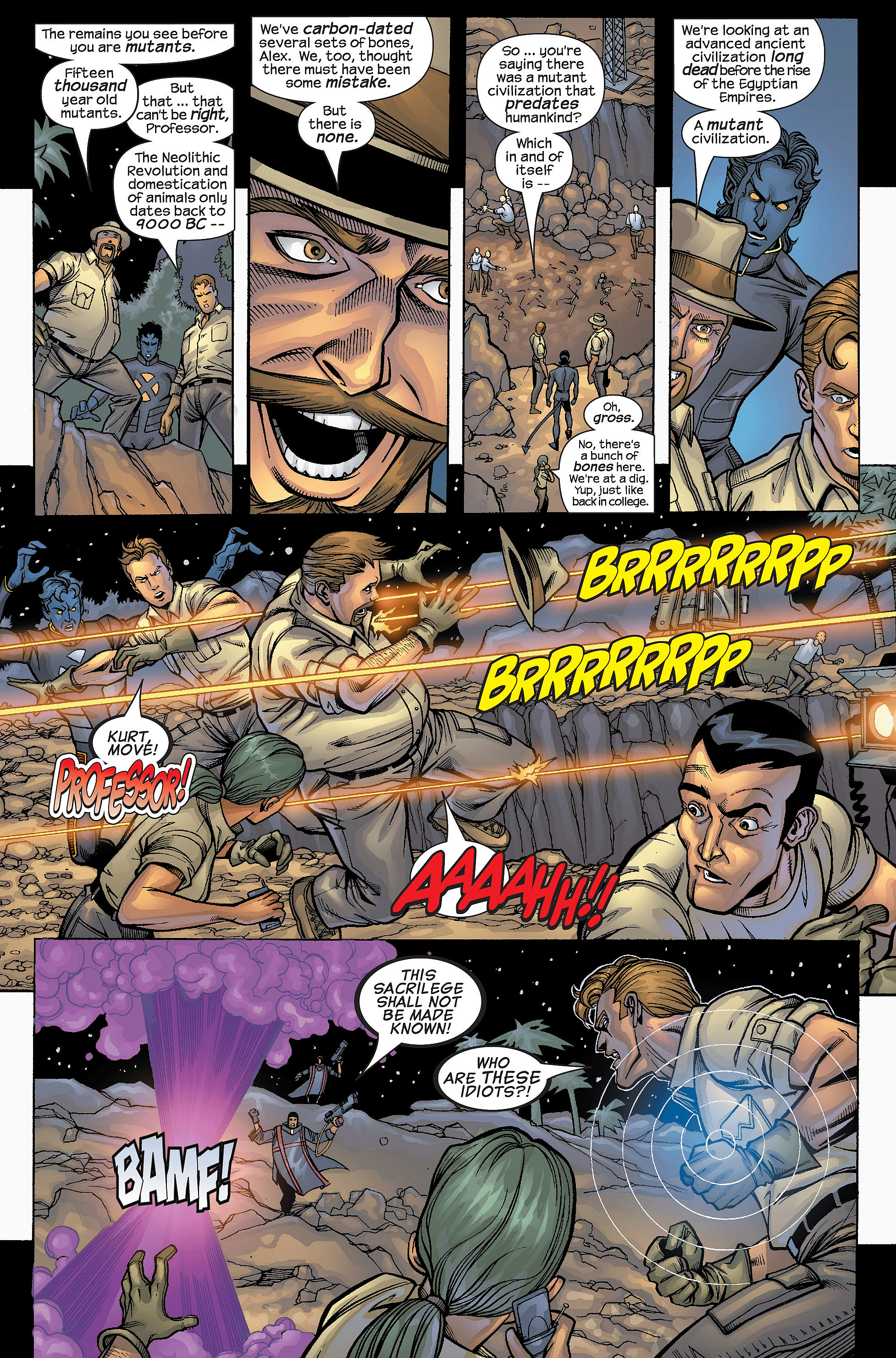 Professor Havass reveals that 'angels' and 'demons' are nothing more than ancient mutants in Uncanny X-Men Vol. 1 #422 "Rules of Engagement (Part 2)" (2003), Marvel Comics. Words by Chuck Austen, art by Ron Garney, Mark Morales, J.D. Smith, and Chris Eliopolous.