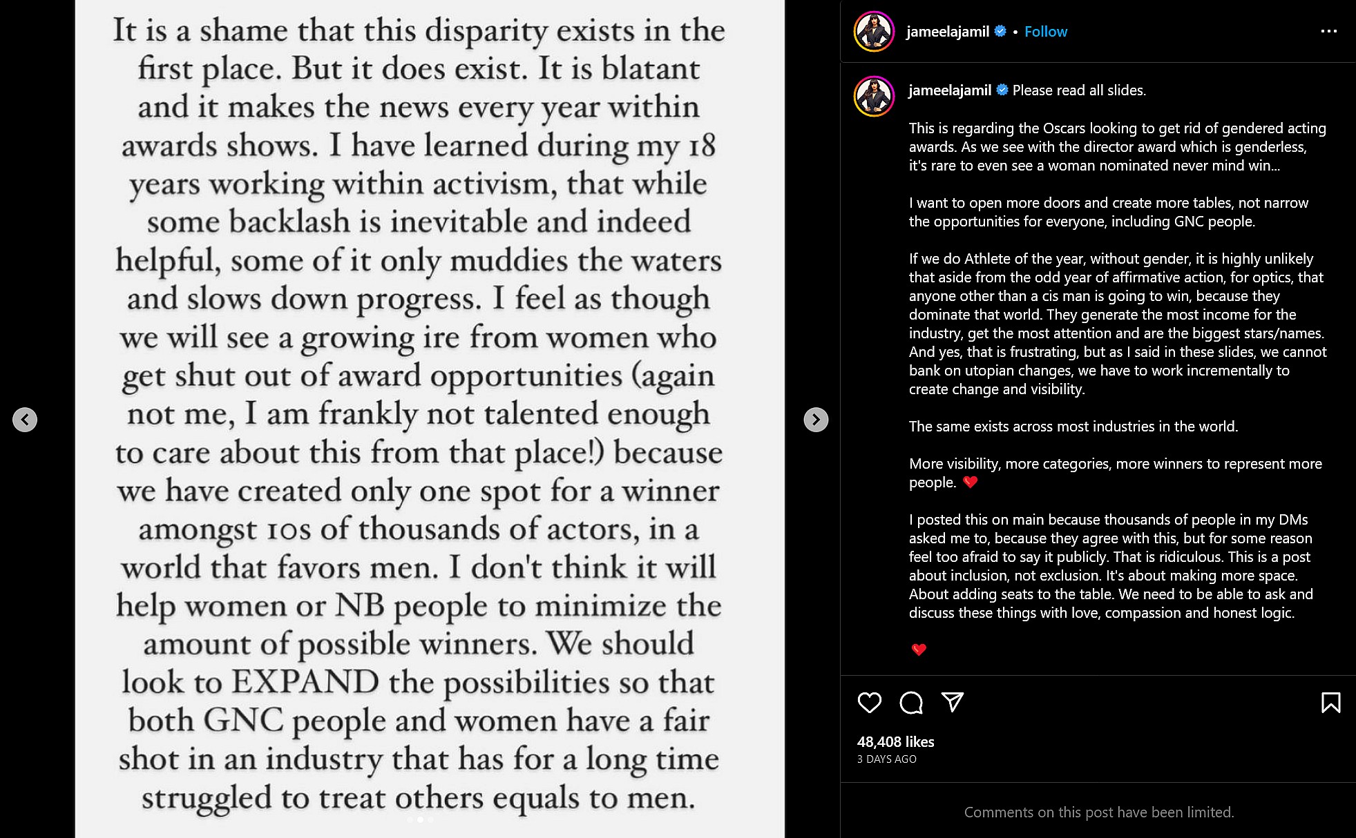 Jameela Jamil proposes a 'non-binary' category for the Oscars