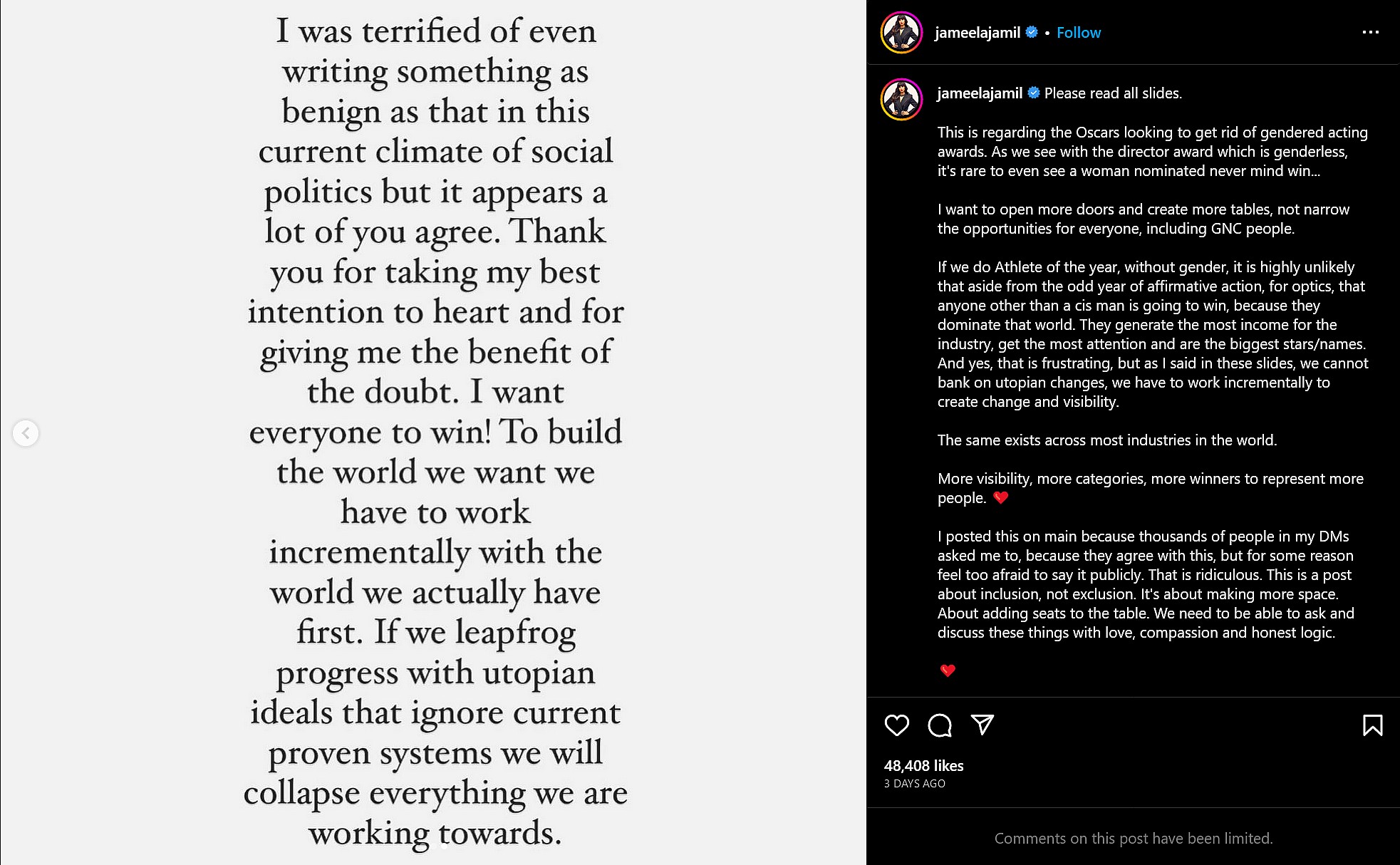 Jameela Jamil proposes a 'non-binary' category for the Oscars