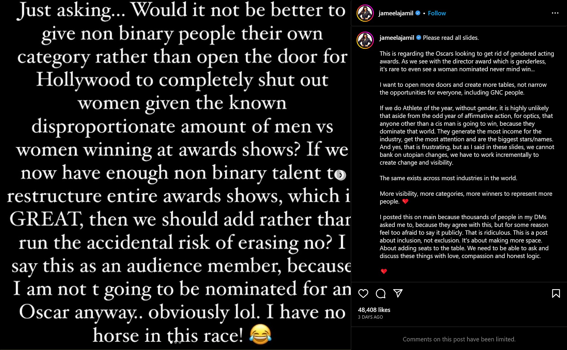 Jameela Jamil proposes a 'non-binary' category for the Oscars