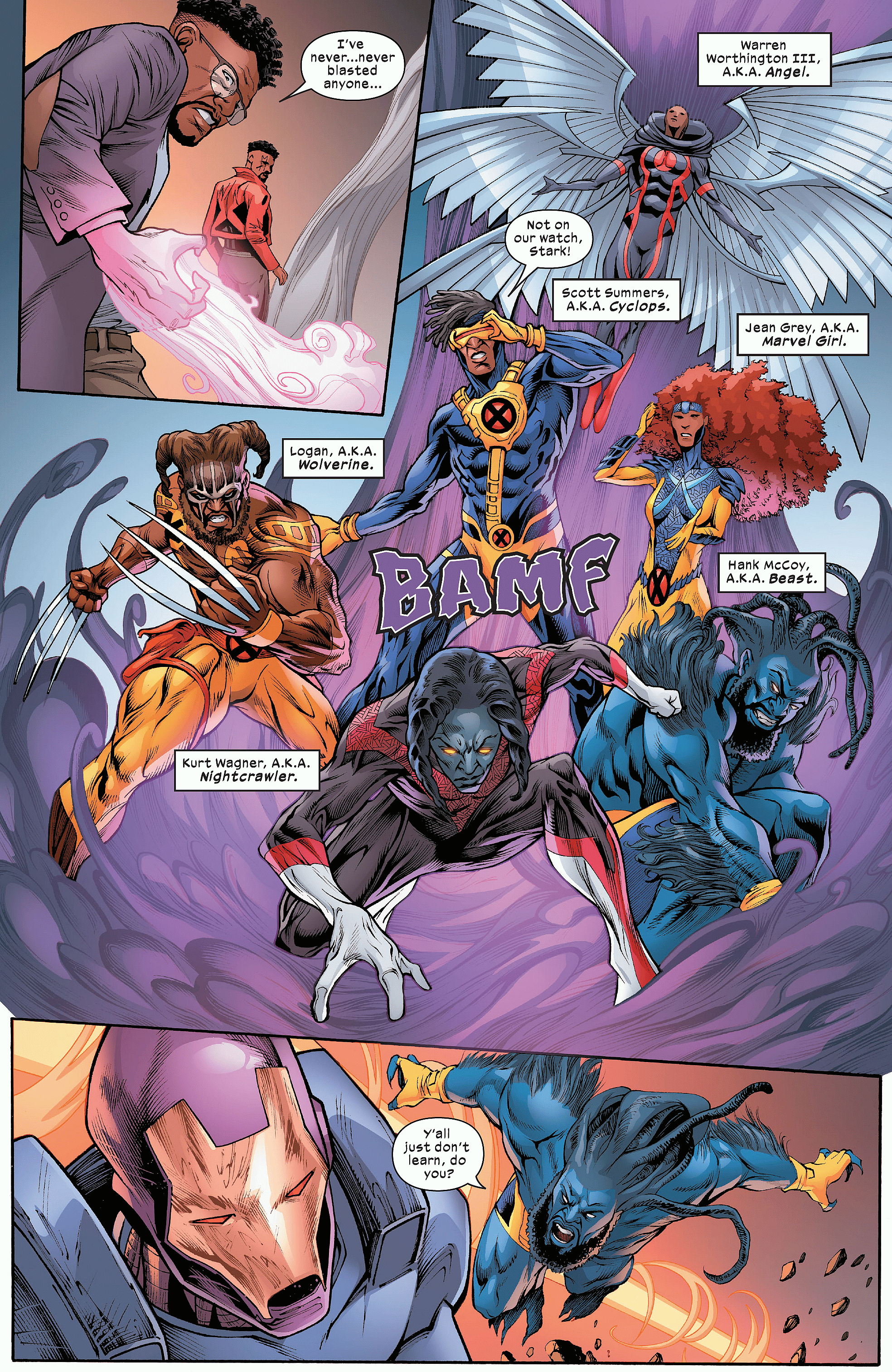 The X-Men of Earth-63 attempt to stop their version of Tony Stark from launching his anti-mutant attack in Bishop: War College Vol. 1 #3 (2023), Marvel Comics. Words by J. Holtham, art by Sean Damien Hill, Alberto Foche, Victor Nava, Espen Grundetjern, and Travis Lanham.