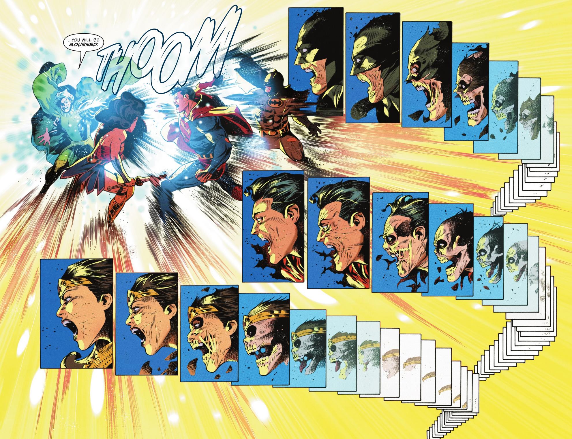 Pariah turns the Justice League into nothing in Justice League Vol. 4 #75 "Death of the Justice League" (2022), DC. Words by Joshua Williamson, art by Rafa Sandoval, Jordi Tarragona, Matt Herms, and Josh Reed.