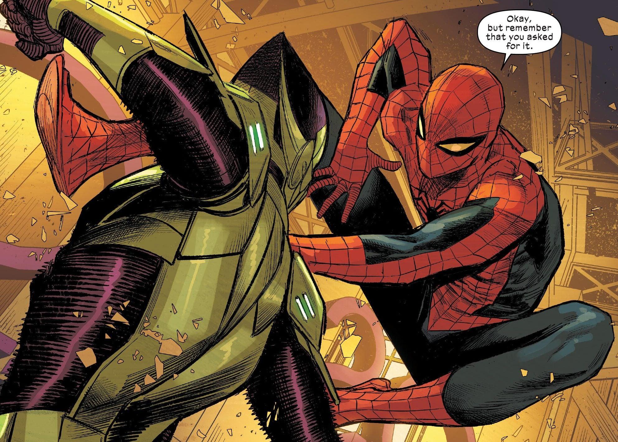 Peter and Harry prepare to spar in Ultimate Spider-Man Vol. 3 #7 (2024), Marvel Comics. Words by Jonathan Hickman, art by Marco Checchetto,Matthew Wilson, and Cory Petit.