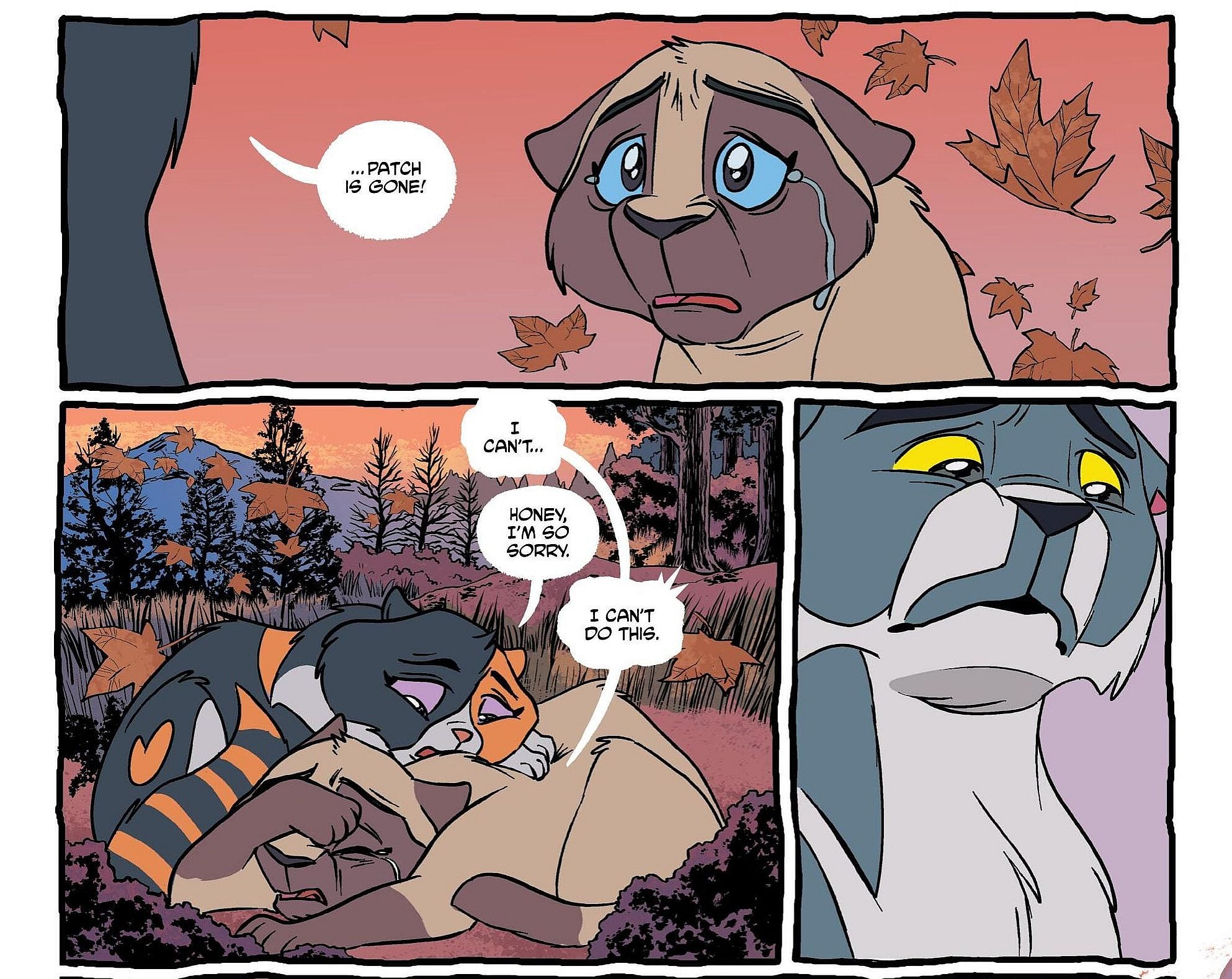 Self-stylized "loner housecat", Elsie (top), is coming to a harsh realization after her family has been scattered in Feral #5 (2024), Image Comics. Words by Tony Fleecs, art by Trish Forstner, Tone Rodriguez, and Brad Simpson.