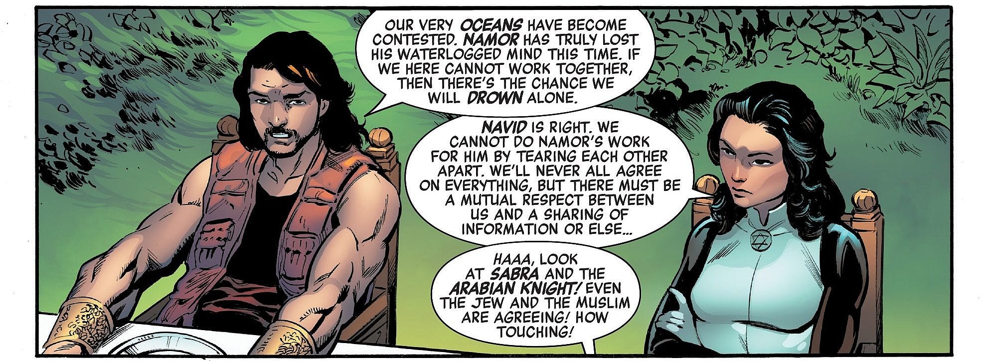 Sabra and Navid weigh in on the future of the Avengers in Avengers Vol. 8 #11 "The Strength and Conviction of Phillip Coulson" (2018), Marvel Comics. Words by Jason Aaron, art by Ed McGuinness, Cory Smith, Mark Morales, Scott Hanna, Karl Kesel, Erick Arciniega, and Cory Petit.