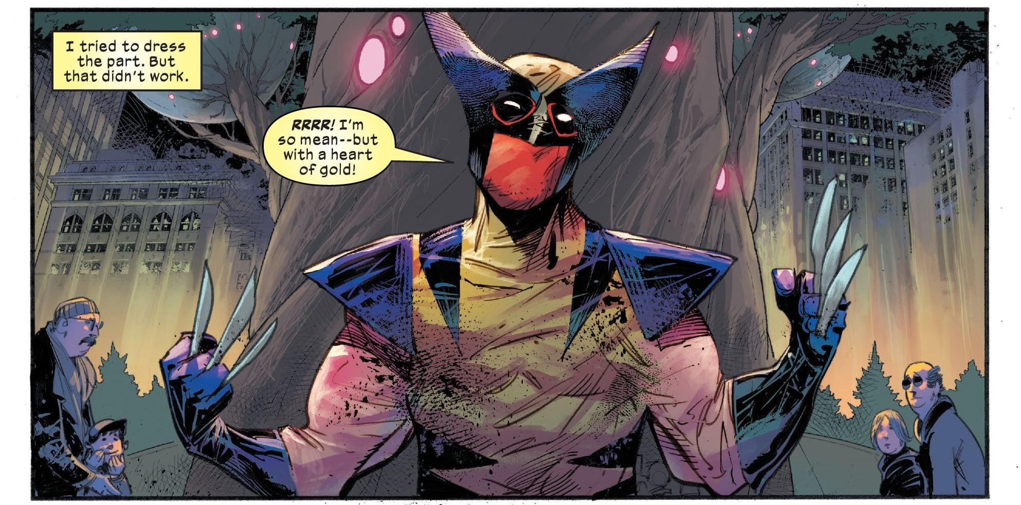Deadpool tries to join Krakoa in Wolverine Vol. 7 #20 "Trigger Warning" (2020), Marvel Comics. Words by Benjamin Percy, art by Adam Kuybert, Frank Martin, Dijjo Lima, and Cory Petit.