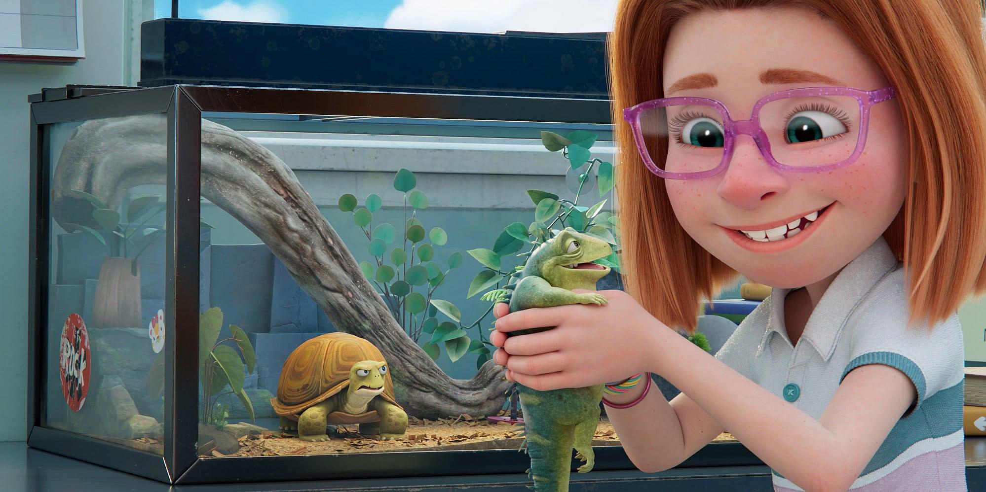 Adam Sandler as Leo, a 74-year-old lizard in a Florida classroom in Leo (Netflix, 2023)