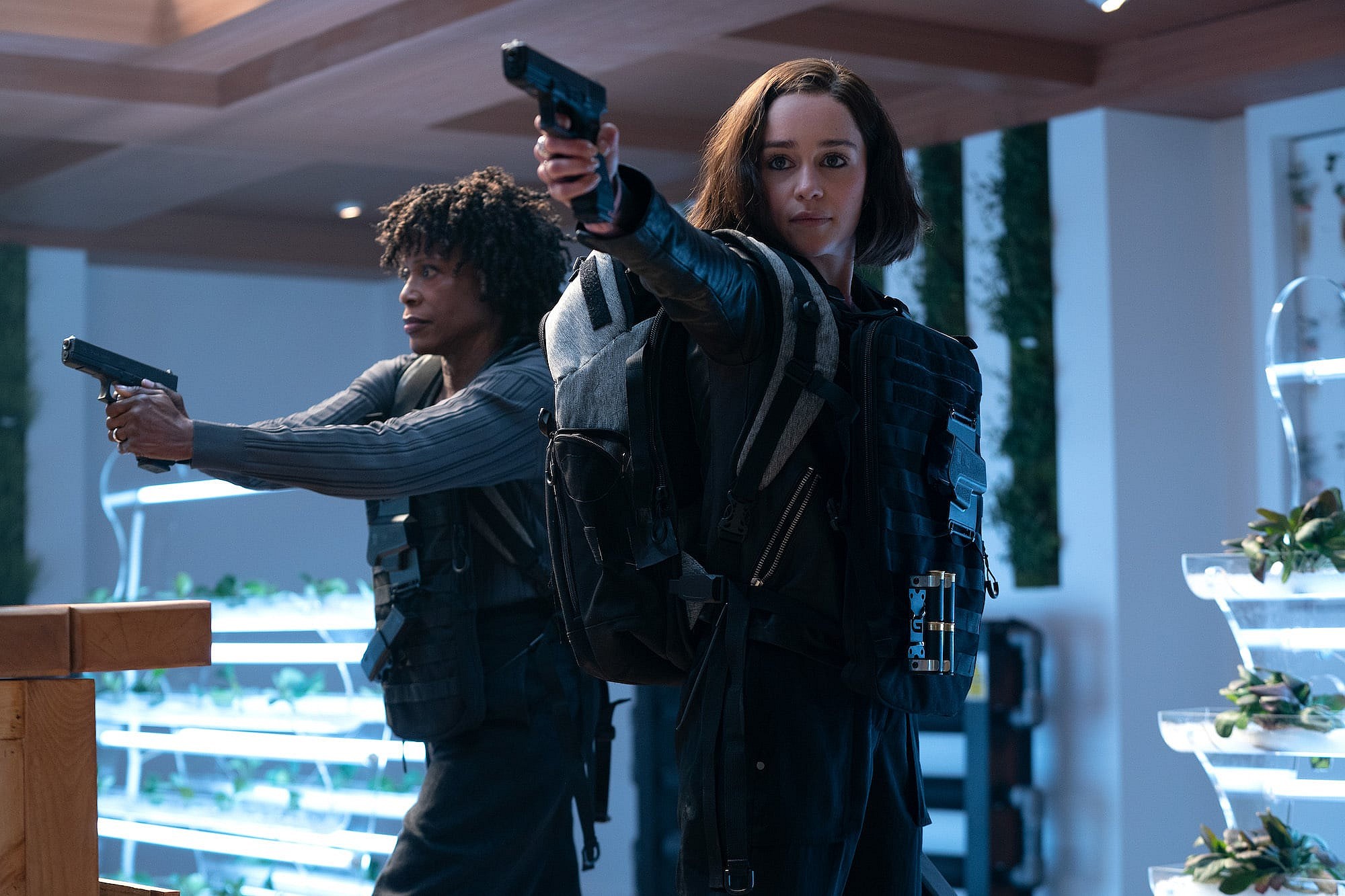 (L-R): Charlayne Woodard as Priscilla Davis/Tarna and Emilia Clarke as G'iah in Marvel Studios' SECRET INVASION, exclusively on Disney+. Photo by Gareth Gatrell. © 2023 MARVEL.