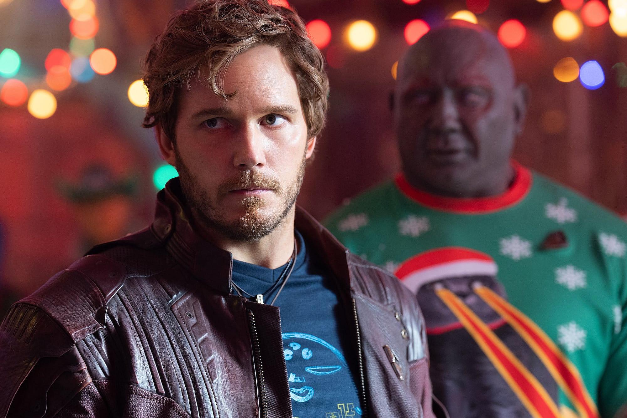 Chris Pratt as Star-Lord and Dave Bautista as Drax in Guardians of the Galaxy: Holiday Special