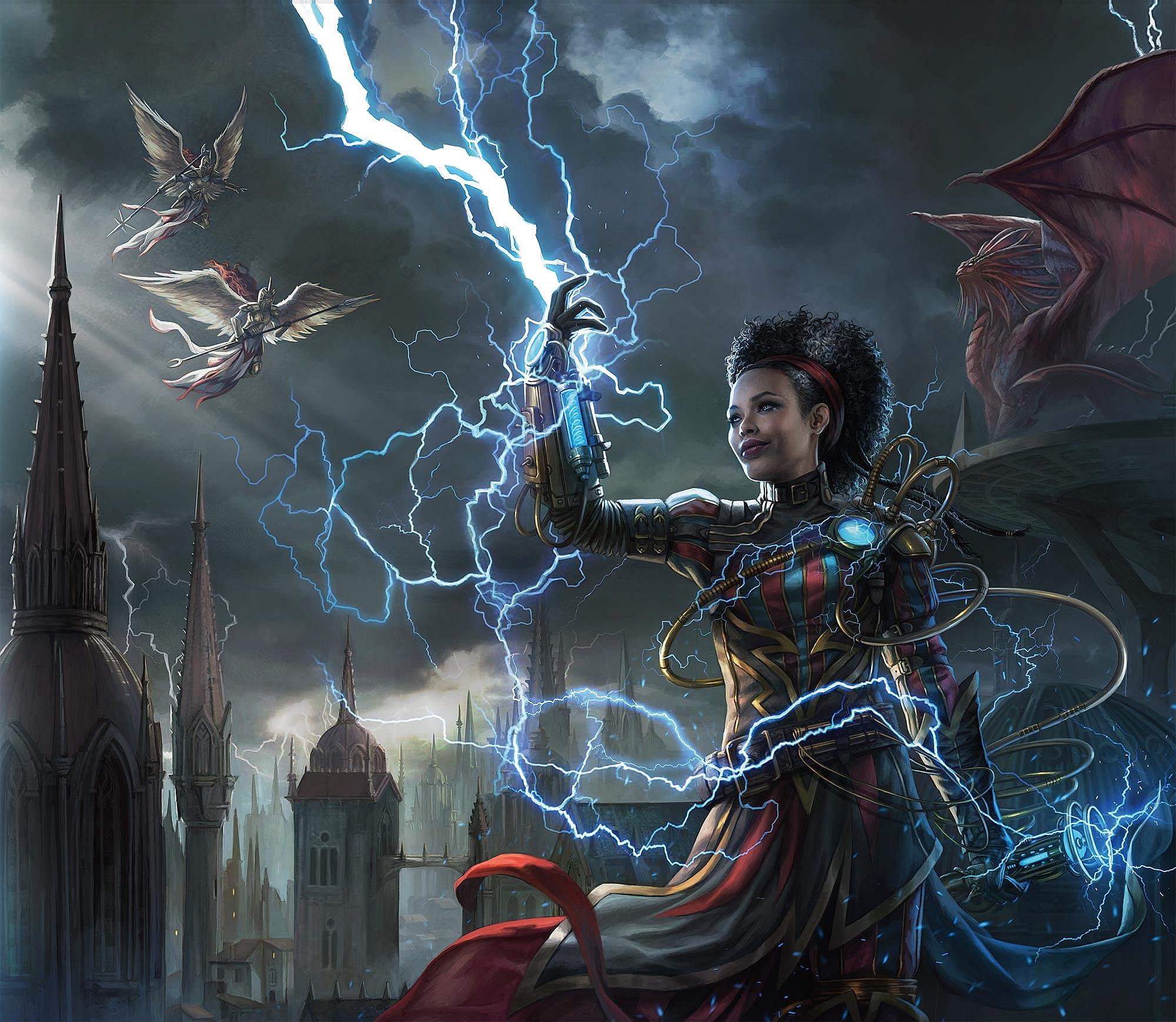 Mage harnesses lightning on cover of Dungeons & Dragons Guildmasters' Guide to Ravnica (2018)