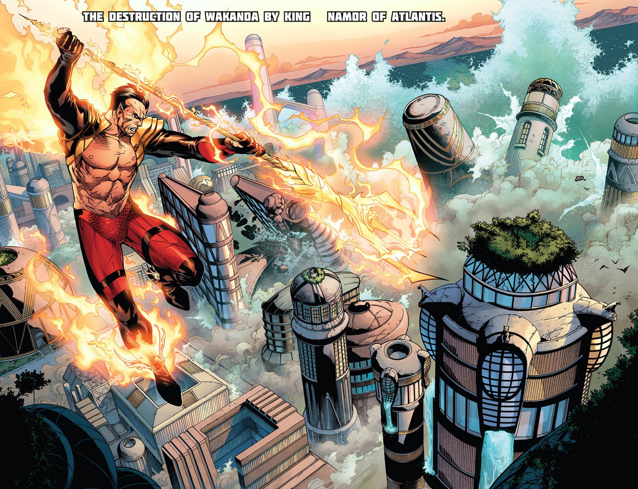 A Phoenix-powered Namor unleashes a tidal wave upon Wakanda in Avengers Vs. X-Men Vol. 1 #8 "Avengers vs X-Men (Part Eight)" (2012), Marvel Comics. Words by Brian Michael Bendis, Art by Adam Kubert.