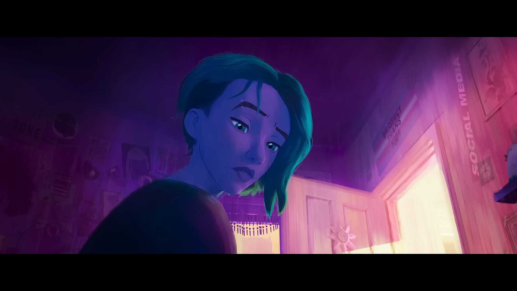 A 'Protect Trans Kids' flag can be seen hanging in the bedroom of Gwen Stacy (Hailee Steinfeld) in Spider-Man: Across The Spider-Verse (2023), Sony Pictures
